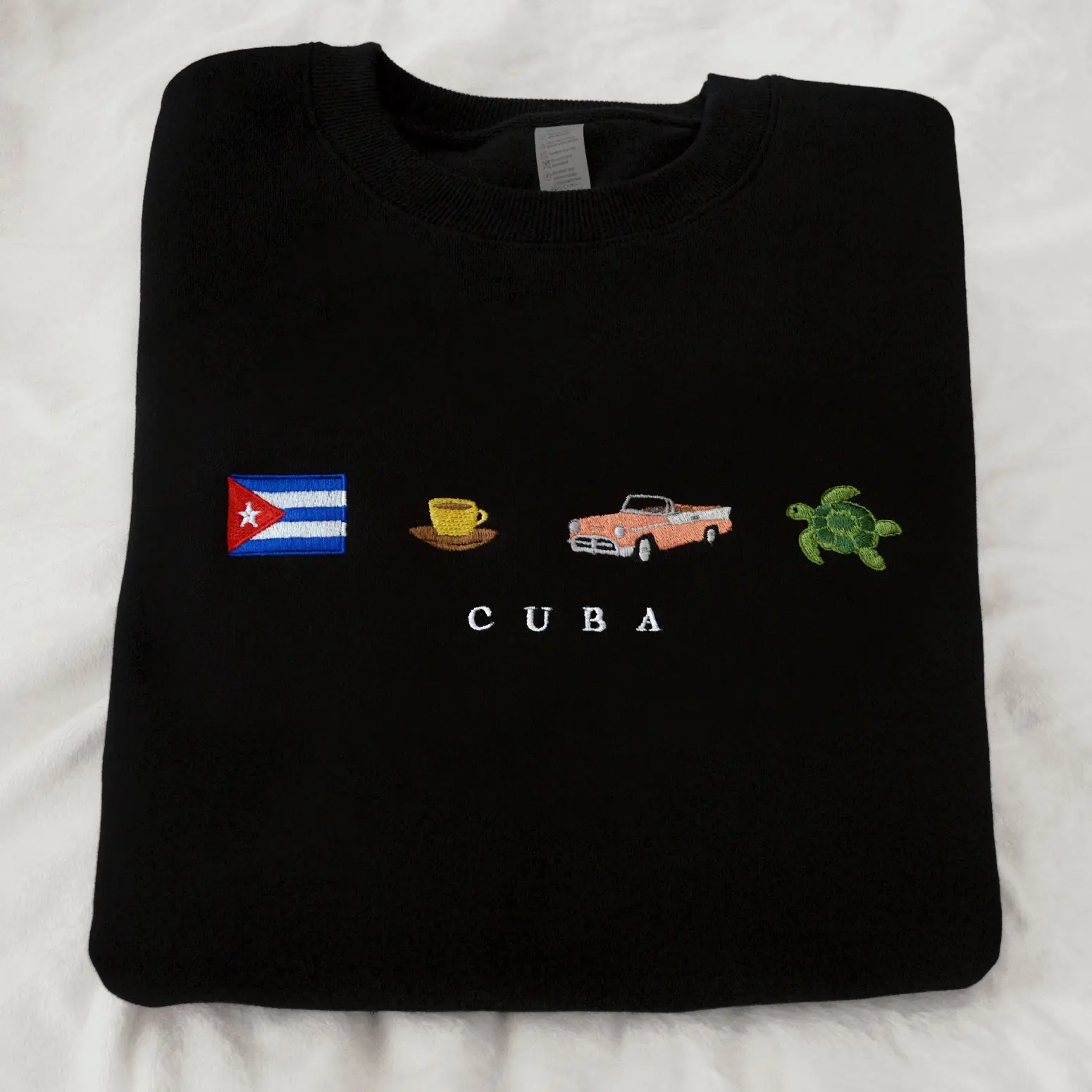Cuba Embroidered Sweatshirt/T-shirt/Hoodie, Cozy, Island, Caribbean, Coffee, Classic 50s Car, Almendron, Green Sea Turtle, Salsa, Black, Cream Beige, Cotton Style