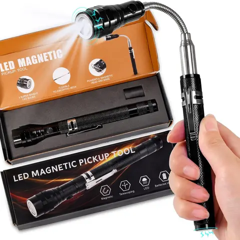 22in Extendable Neck Magnetic Pickup Tool - Lightweight Battery-Powered Hand Tool with 3 Super Bright Lights, 3 Flashlight Display Forms, Adjustable Magnetic Base, Hands-Free Light for Car/Garage/Home Fixes, Great Gift for Him (Batteries Included)