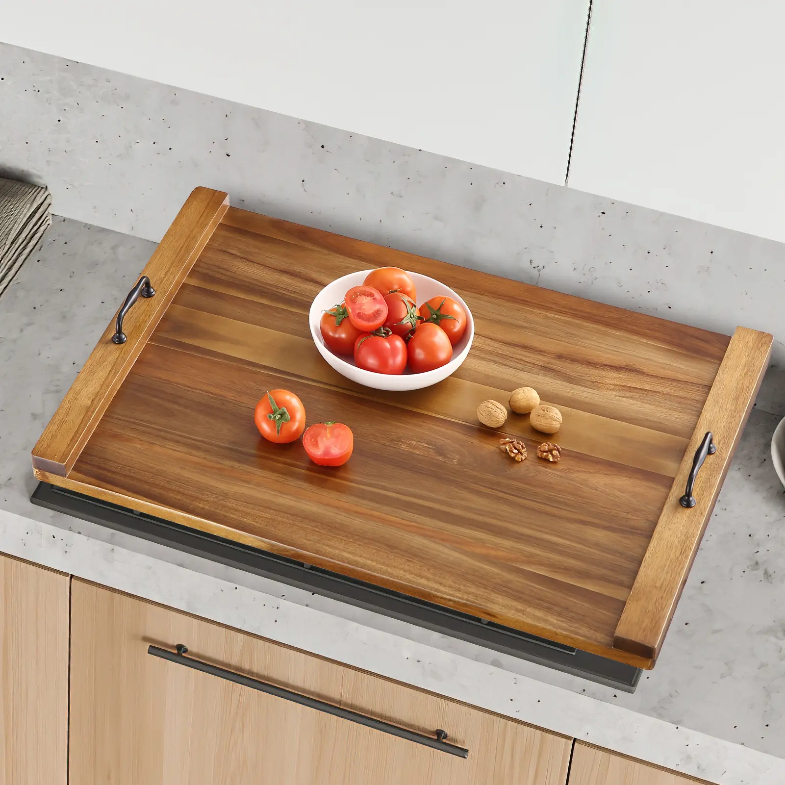 Acacia Noodle Board Stove Cover Wood with Handles for Gas/Electric Stove Top, 30" x 22" Extra Thick Wood Stove Top Covers, Kitchen Sink Cover Cutting Board, Decorative Serving Tray