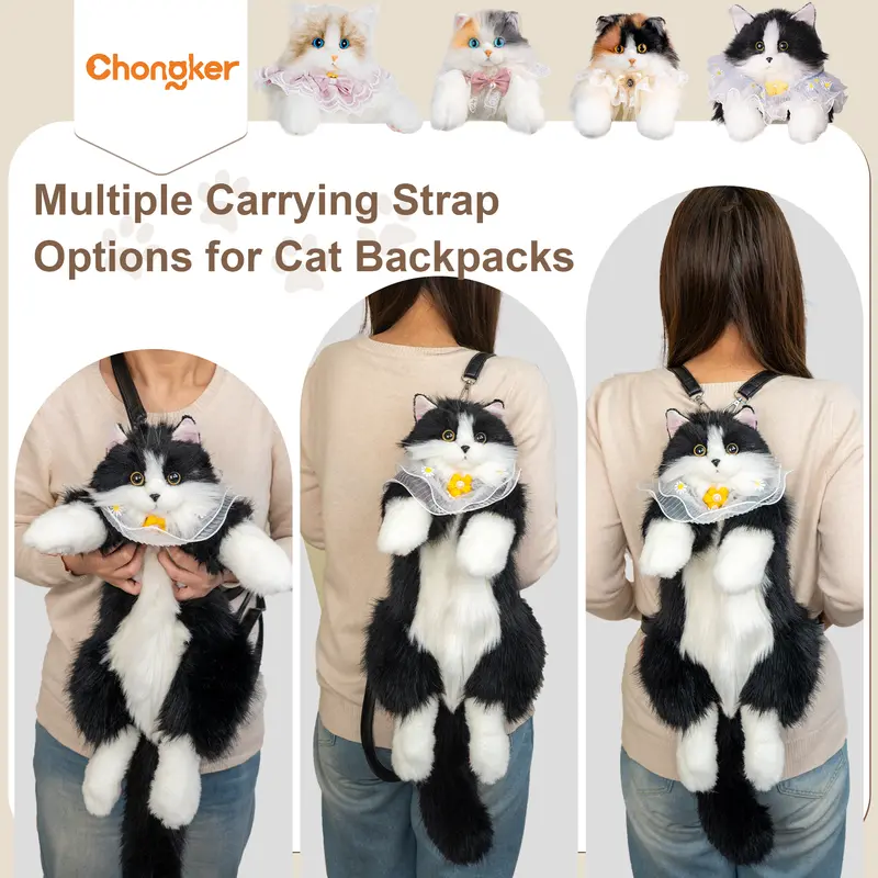 【TikTokShopBacktoSchool】Chongker Stylish Daypack Plush Cat Backpack - Realistic Stuffed Animal Fashion Accessory & Unique Gift for Cat Lovers - 1 Set Gift Wrap 4