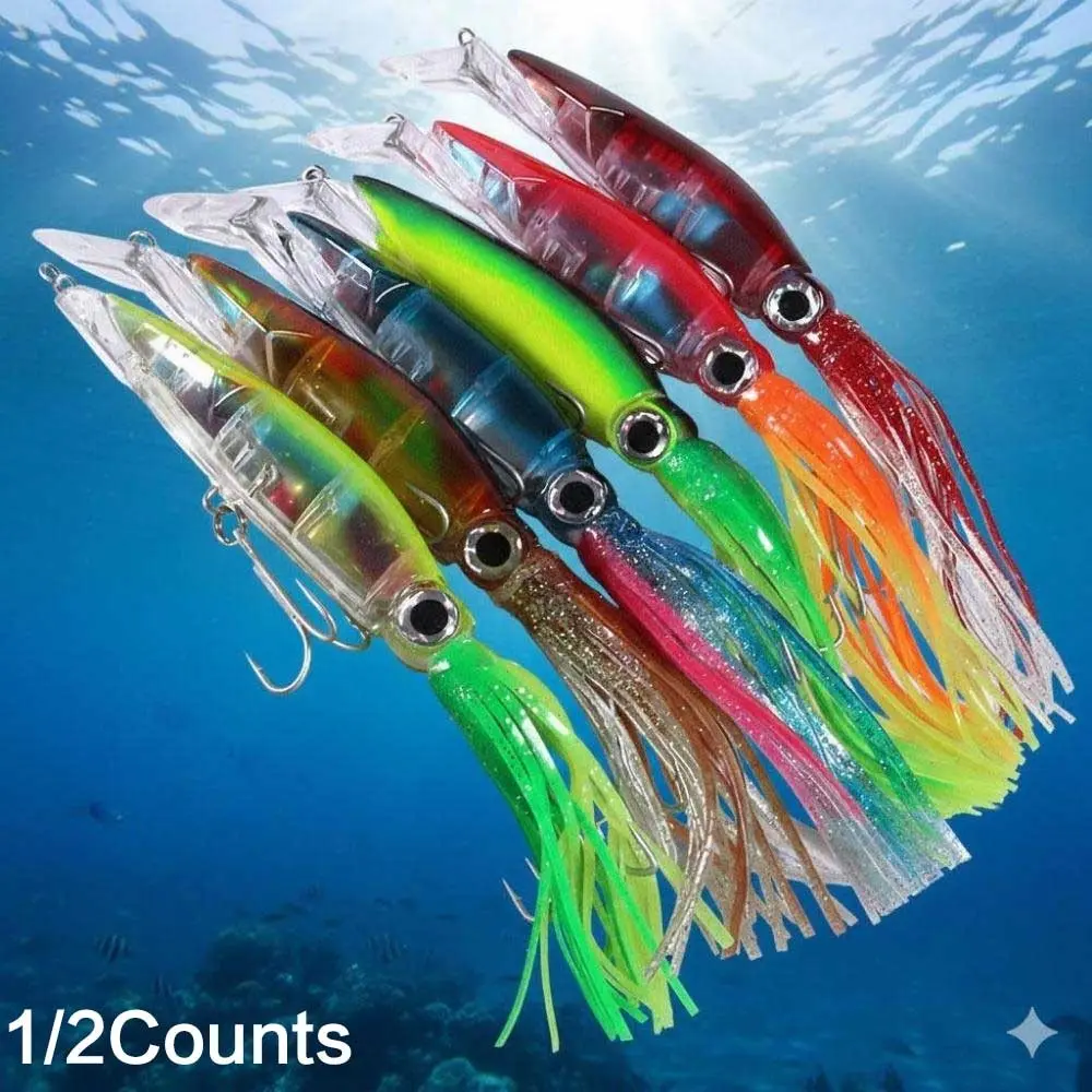 Professional Hard Lure Kit: Lifelike Squid Octopus Bait with Treble Hooks, Saltwater High Toughness for Bass Trout Tuna Walleye Fishing. 6 Color Options, Premium Tackle Combo, Topwater Lure.
