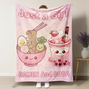 RAMEN And BOBA Blanket Cute Cartoon Kawaii Soft Flannel Plush Throw For Bedroom Nursery Decor Gift Best Christmas Halloween Bedding