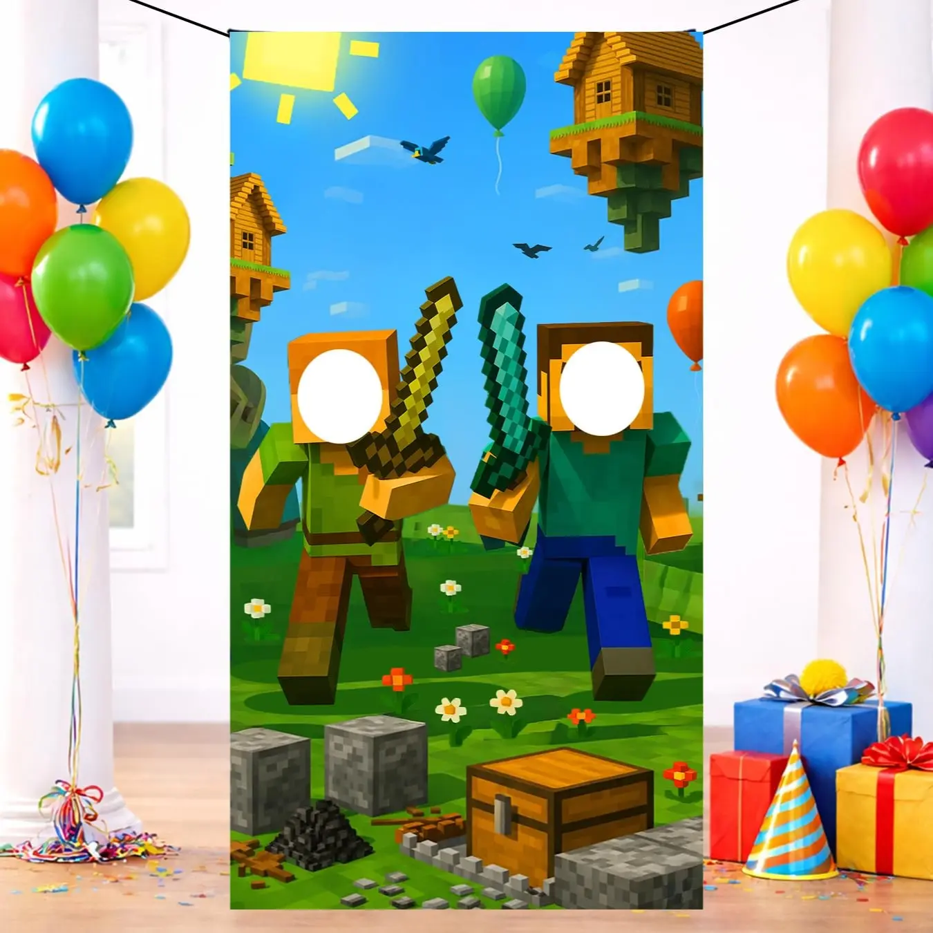2D Flat Banner Door Cover, Polyester Backdrop Banner, Decorative Banner, Video Game Birthday Decoration, Face Cutout Photo Background, Mine Player Party Decor, Party Decorations Banners, No Power Needed
