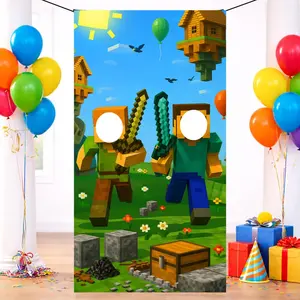 2D Flat Banner Door Cover, Video Game Birthday Decoration, Face Cutout Photo Background, Mine Player Party Decor, No Power Needed