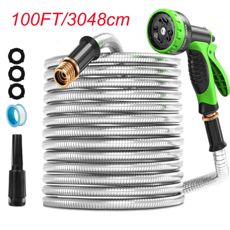 100 FT Garden Hose , Stainless Steel Water Hose with 10 Function Nozzle Flexible, Heavy Duty, Lightweight, No-Kink, Pet Proof, Puncture Proof Hose Metal for Yard, Outdoor Expandable Garden Hose