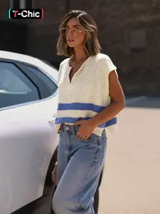 Vintage Summer Knit Top for Women: V-Neck, Textured Stripes & Side Slit Detail in Relaxed Sleeveless Fit - Versatile Casual Wear Knitwear
