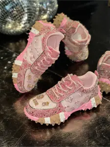 High Quality Women Rhinestone Decorated Fashionable Running Shoes with Soft Height Increasing Sole for Outdoor Jogging