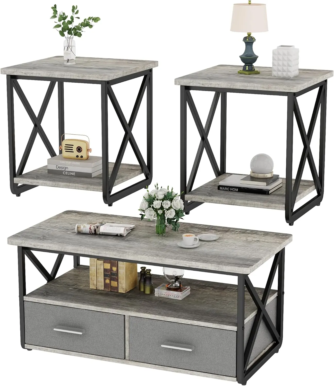 3 Piece Coffee Table Set for Living Room with Fabric Drawers and Storage Shelves, Rustic Wood and Metal Frame, Industrial Farmhouse Table with 2 End Tables for Small Spaces, Apartment, Grey