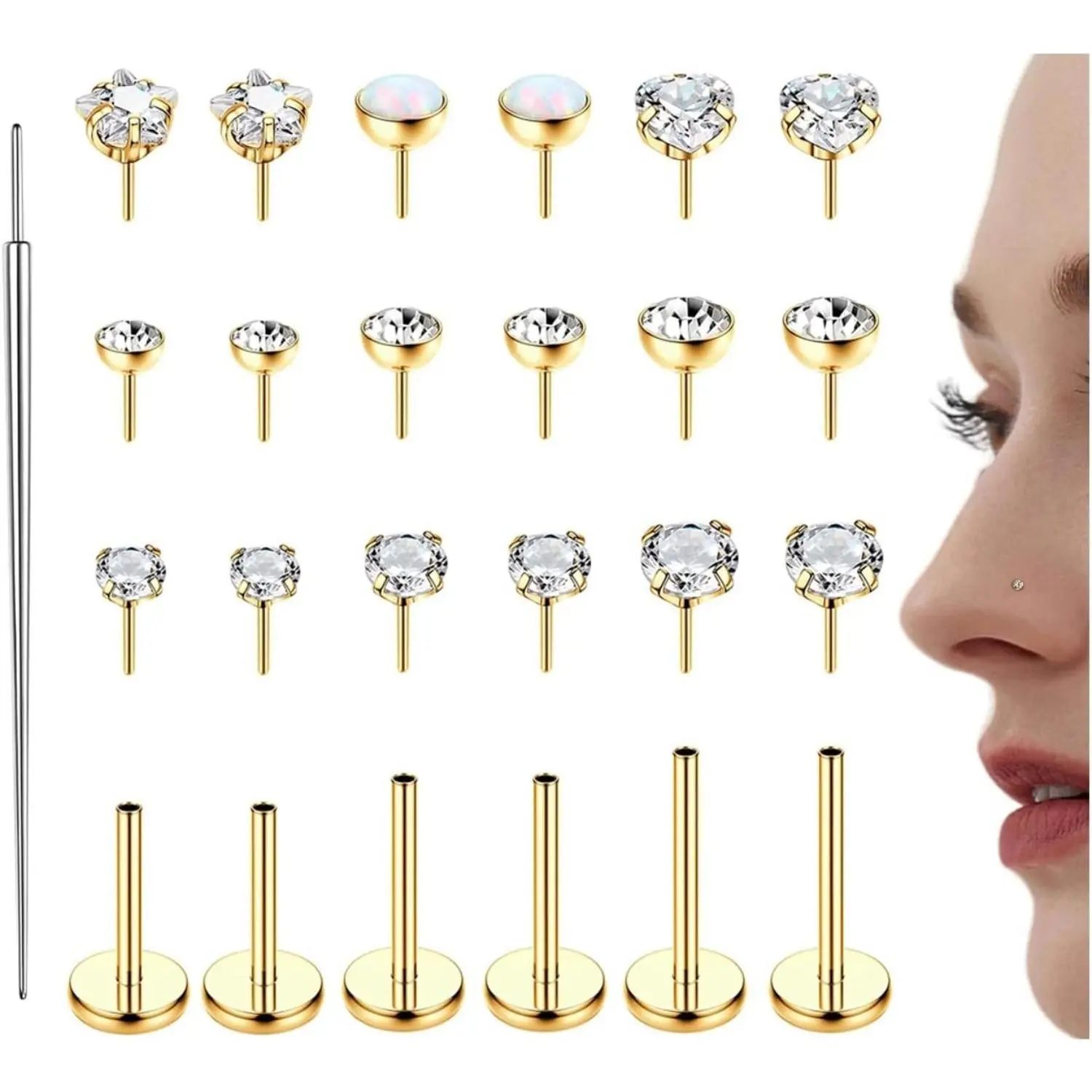 ZELORES 25PCS Unisex 20G-18G Threadless Nose Studs Set, 316L Stainless Steel Dainty Piercing Jewelry with Opal Rhinestones, 1.5mm-3mm Flat Back, Monroe Lip Rings & Gold-Plated Small Hoop Earrings for Daily Wear