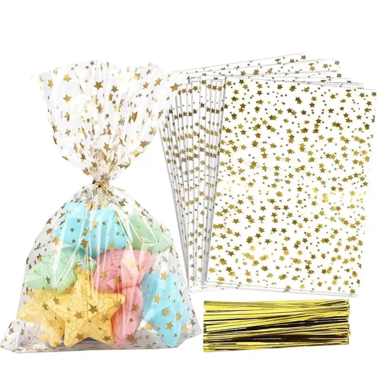 50 Counts Star Print Cello Bags, Special Pack, 5x10.6 Inch Transparent Snack Gift Wrapping, Party Favor Candy Cookie Storage, Ideal for Bakery Birthdays Weddings, Anniversary Party Gift, Gift Wrapping Supplies