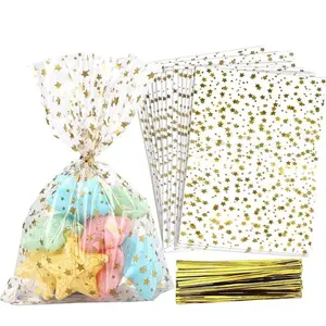 50 Counts Star Print Cello Bags, Special Pack, 5x10.6 Inch Transparent Snack Gift Wrapping, Party Favor Candy Cookie Storage, Ideal for Bakery Birthdays Weddings, Anniversary Party Gift