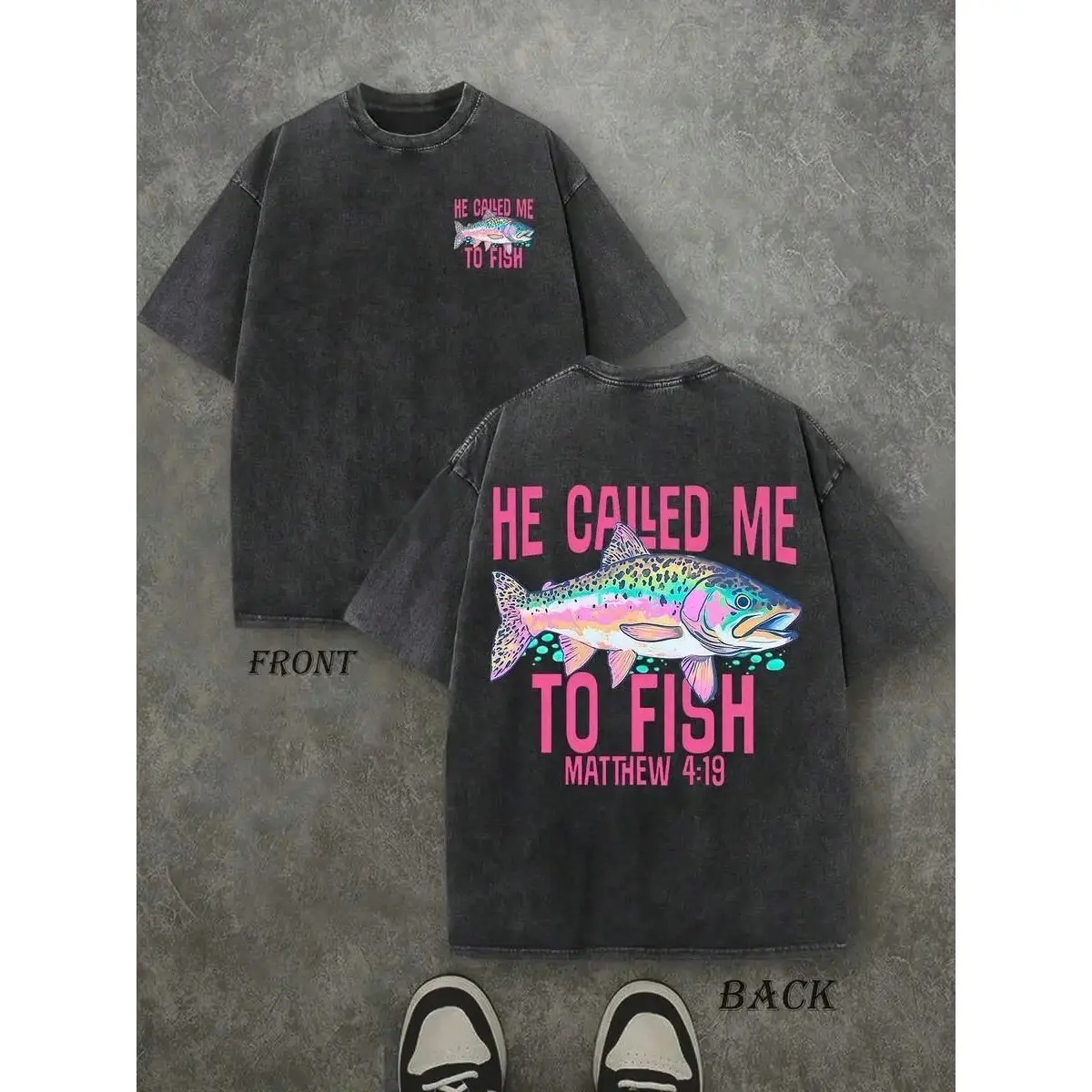 Retro Washed T-Shirt Double Sided Printed (230 Pure Cotton T-Shirt) 'HE CALLED ME TO FISH' Letter And FISH Pattern Print, Mens TShirt, Mens Shirt Casual, Comfortable, Fashionable T-Shirt, Street Style Cotton