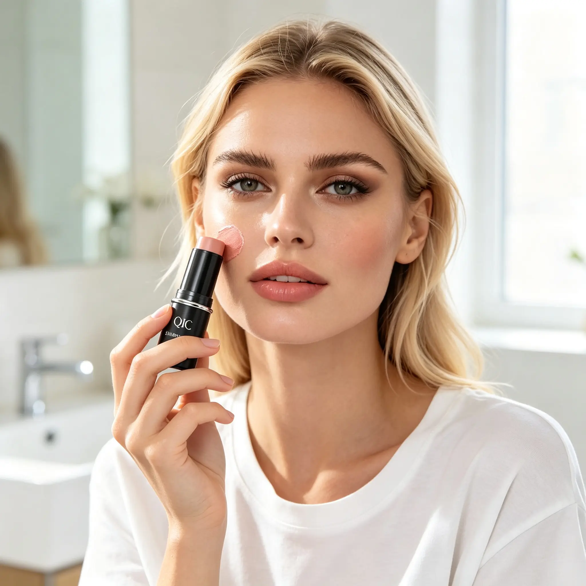 QIC 3-in-1 Portable Cosmetic Stick (6g, 6 Shades) - Solid Concealer, Highlighter, Contour, Full Coverage Blush with Facial Brush, Youth-Focused Lightweight Daily Makeup, Color Correction, Glowing Effect, No Harmful Additives, For All Skin Types