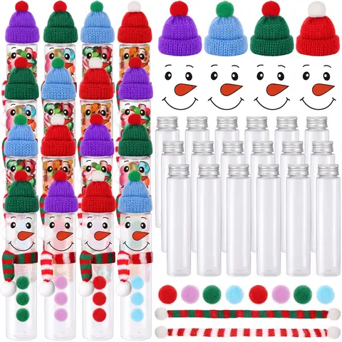 16 Set Christmas Candy Tubes Hot Chocolate Clear Tube Bulk with Empty Clear Plastic Candy Tubes Santa Hat Snowman Scarfs  for Family Friends Neighbors Classmates Teachers Colleagues DIY Gift  for Christmas Gifts Holiday Party Favor Supplies