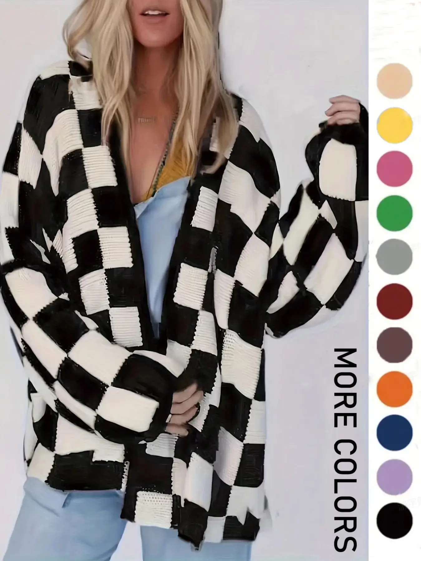 Plus Size Plaid Print Drop Shoulder Cardigan, Casual Style Long Sleeve Open Front Knitwear for Fall & Winter, Women's Plus Clothing for Daily Wear Piece, Womenswear Knitting, Colorblock Knit Sweater, Colorblock Sweater Tops, Fashion Knitwear