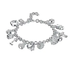 Silver Thirteen Hanging Pieces Charm Bracelet for Women,Star, Key, Heart, Cross, Moon, and Cubic Zircon Lock Pendant,Dazzling Charms for Every Occasion