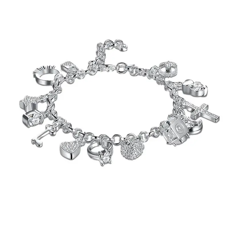 Silver Thirteen Hanging Pieces Charm Bracelet for Women,Star, Key, Heart, Cross, Moon, and Cubic Zircon Lock Pendant,Dazzling Charms for Every Occasion