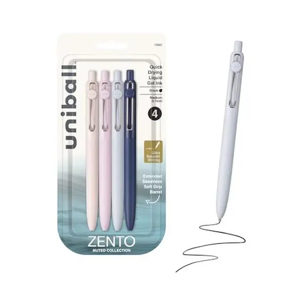 uniball™ Zento Gel Pens, Black Ink, 0.7mm Medium Point, Retractable, 4 Count, Smooth Writing, Quick-Drying, No Smear, No Bleed, Muted Barrel Colors