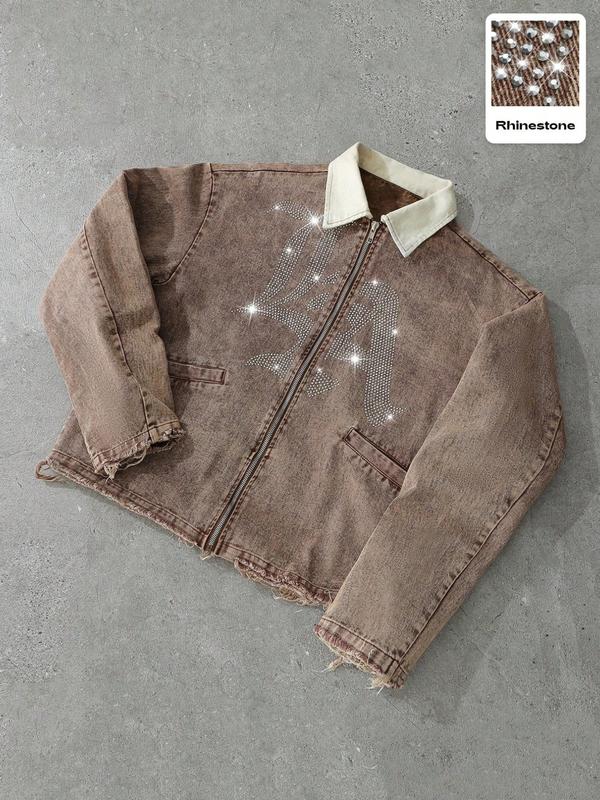 Dark Denim Jacket with Diamonds and 'la' Logo, Vintage Corduroy Collar and Frayed Design, Stylish Zippered Fit for Casual Outings