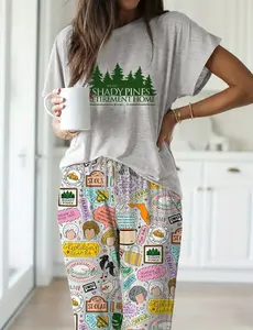 Women's 2-Piece Shortsleeve Stretchy Spandex Pajama Set - Lady Streetwear, Comfortable Fabric Top & Pants, Adjustable Breathable Drawstring, Shady Pines Golden Girls Graphic, Machine Washable Outfits Inspo Loungewear