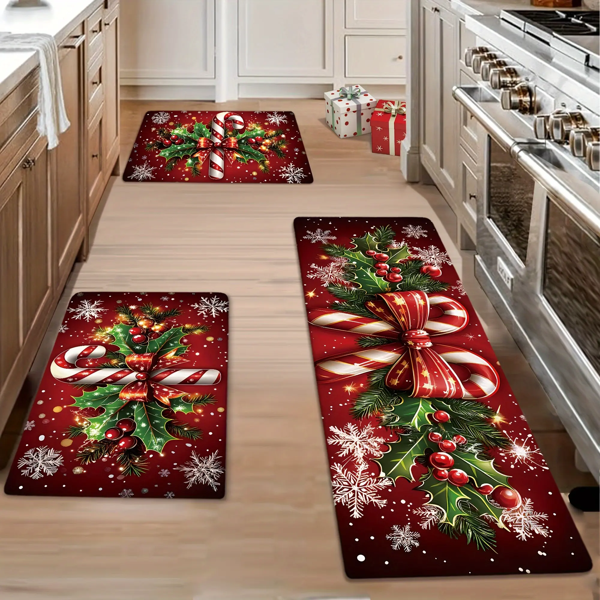 Luxury Christmas Design Kitchen Mat Set - Red Green Rectangle, Candy Canes Holly Snowflake, Durable Fade Resistant Memory Foam, Easy Cleaning Winter Holiday Home Gift, Festive Home Gift