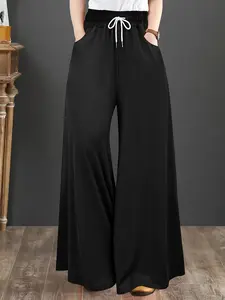 【Plus Size】 Solid Drawstring Waist Wide Leg Pants, Casual Basic Pocket Trousers for Daily Wear, Pants for Women, Baggy Pants, Casual Chic Bottoms, Women's Bottoms for All Seasons