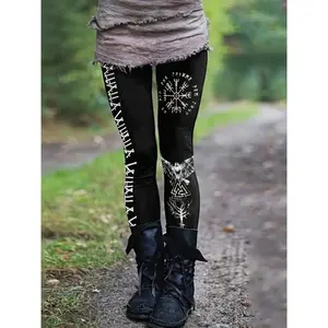 High Waist Graphic Print Viking Style Gothic Style Leggings, Casual Skinny Stretchy Tights for Daily Wear, Women's Clothing Fabric Womenswear Black Biker Bottom Polyester