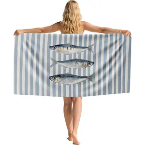 Coastal Sardine Fish Beach Towel, Preppy Beachy Sardine Sand Beach Towels Gifts for Women,Summer Nautical Fish Quick Dry Bath Pool Towels for Swimming Bathroom Spa Pool, 30x60 Inch