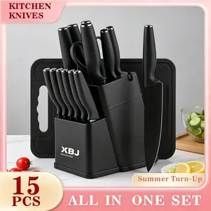 15-Piece Kitchen Knife Set - High-carbon stainless steel, includes sharp serrated steak knives, chef's knife, bread knife, and scissors. Pink cutlery set, pastel-themed Valentine's Day kitchenware.