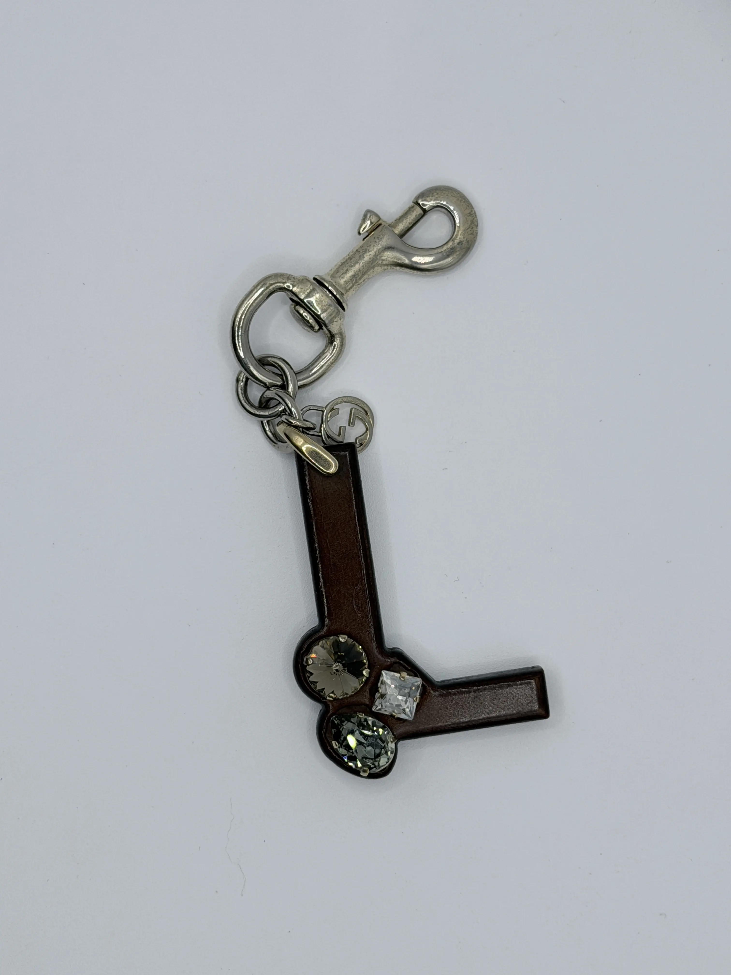 Pre-owned GUCCI Wood Small Leather Goods Alphabet Letter L & Swarovski Crystal Keychain Bag Charm JD832GG