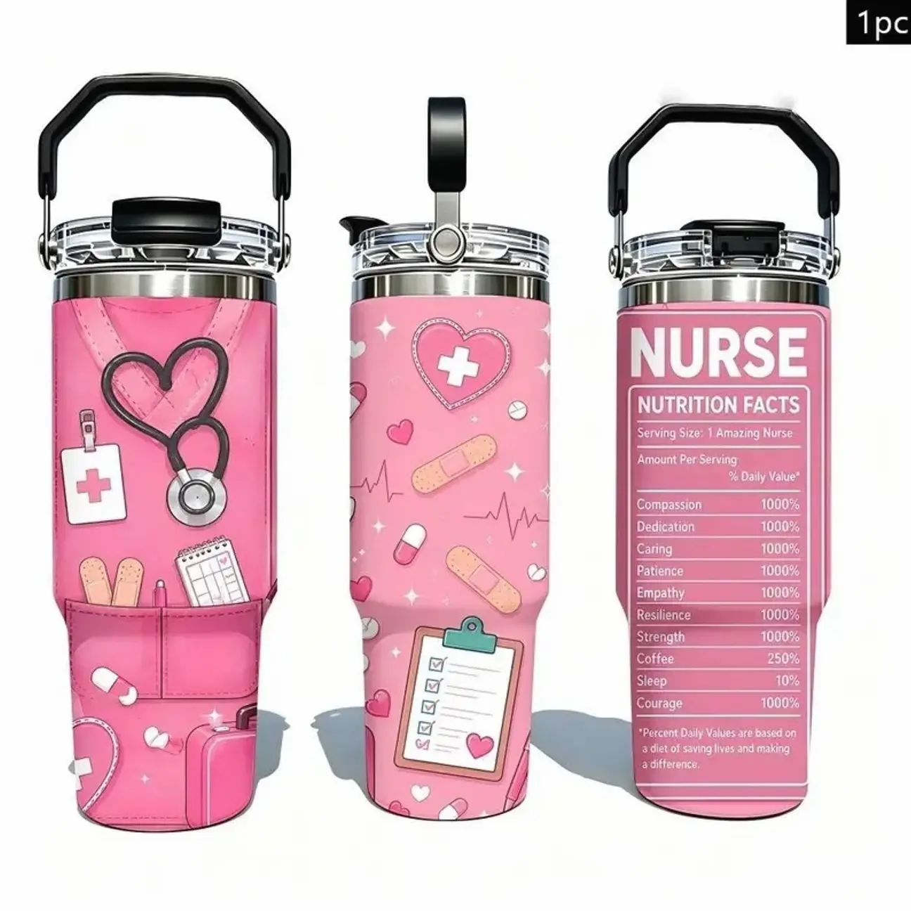 Nurse Stethoscope Heart Medical Pattern Insulated Tumbler with Portable Handle & Leak-Proof Lid, Double Wall Vacuum Travel Mug, Large Capacity Cup for Men Women, Birthday Christmas Nurse Theme Gift