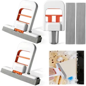 Self Squeezing Mini Mop, Orange Small Sponge Mop, Wet and Dry Use Cleaning System, Foldable Desktop Mop, One-Hand Squeeze Handle and Replaceable Head