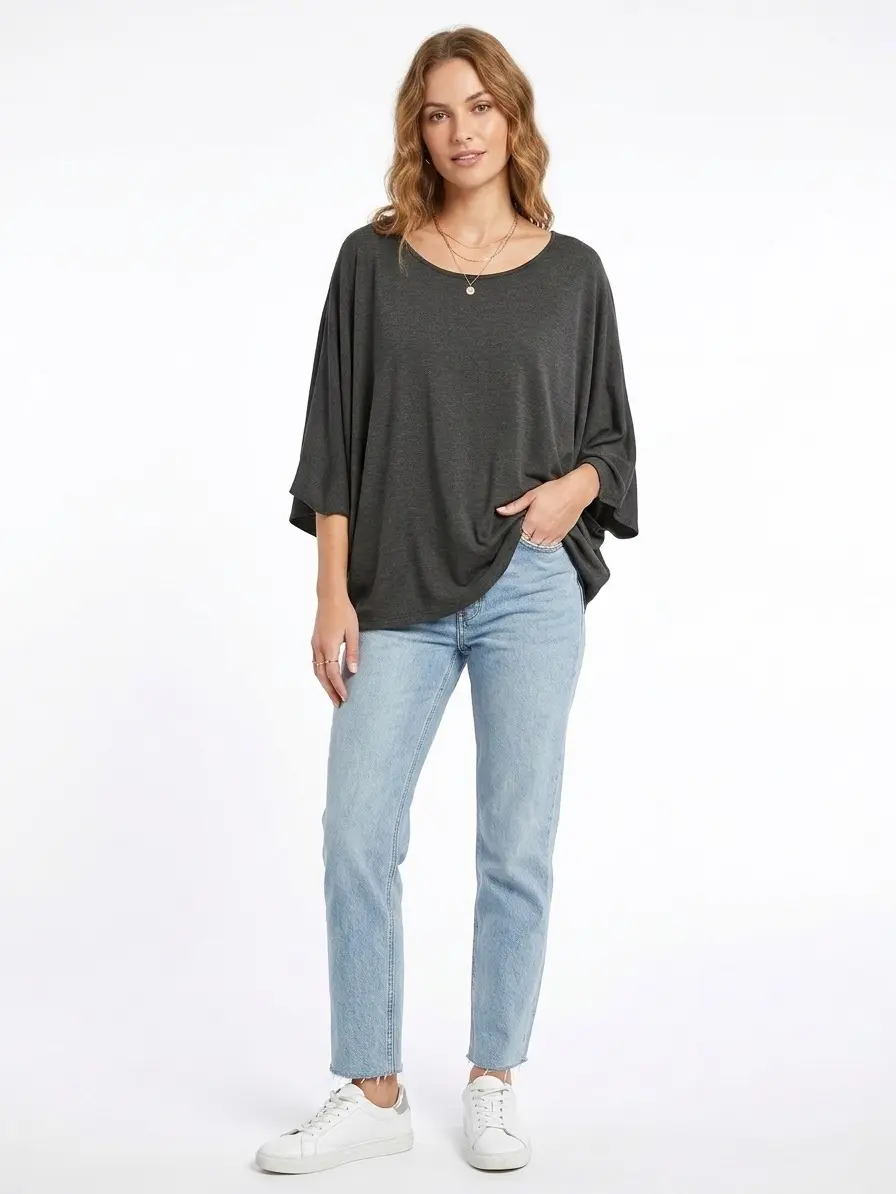 Freaswind Womens Oversized Batwing Sleeve T Shirt Loose Fit Solid Color Tunic Top Soft Stretch Casual Blouse