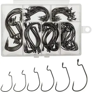 Worm Hooks for Bass Fishing Hooks, 110 Count Bass Hooks Fishing, 6 Sizes Fishing Hooks Freshwater, Eagle Claw Fishing Hooks Bass #1 1/0 2/0 3/0 4/0 5/0 High Carbon Steel with Portable Plastic Box
