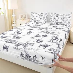 Western Bedding Set,Sketch Cowboy Cattle Horse Fitted Sheet Farm Animal Bed Sheet for Kids Boys Girls Adult Room Decor Rustic Farmhouse Deep Pocket Sheet Navy White