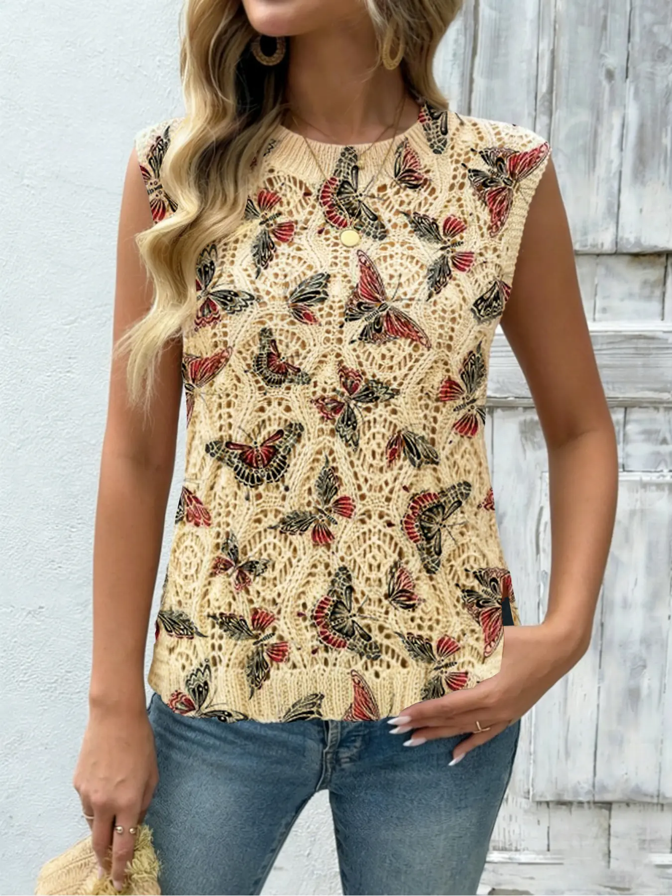 Butterfly Print Round Neck Short Fitted Sweater, Casual Chic Sleeveless Knitwear for Spring Summer Fall, Comfortable Warm Women's Clothing