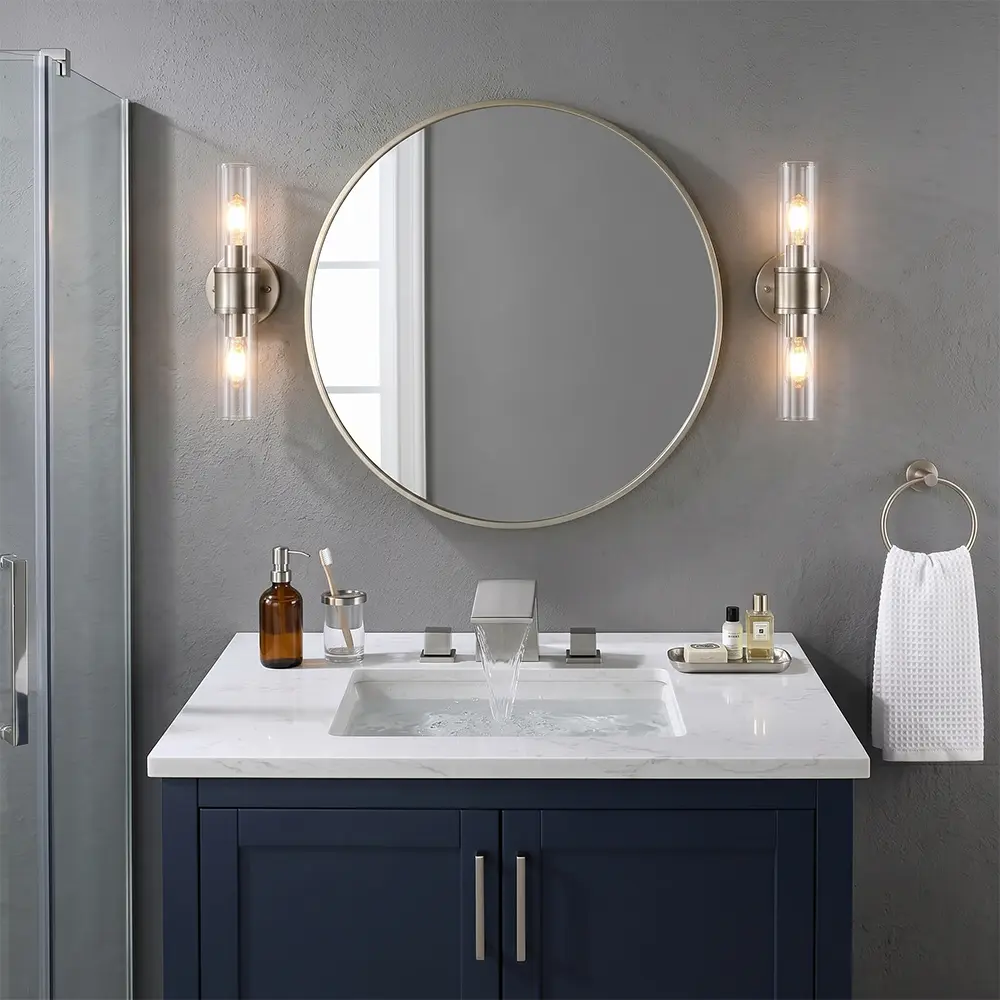 Double handle Square Waterfall Bathroom Sink Faucet - 3 Hole Widespread Vanity Faucet with Supply Lines, Matte Black, Brushed Nickel, Brushed Gold