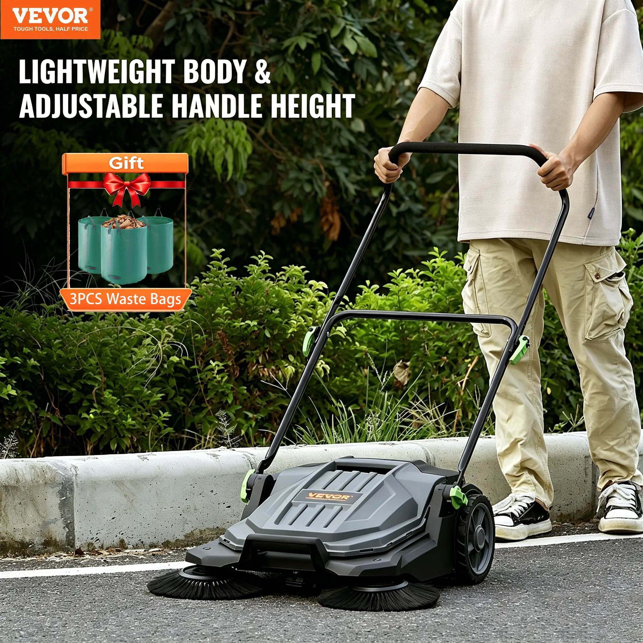 【Gift 3waste bags】VEVOR Walk-behind Hand Push Floor Sweeper, 25.6" Sweeping Width Floor Sweeper Manual Non-Electric, 5-Gallon Waste Container, Angle & Height Adjustable Folding Handle for Walkway, Yard, Garage, Patio  VEVOR Super Brand Day