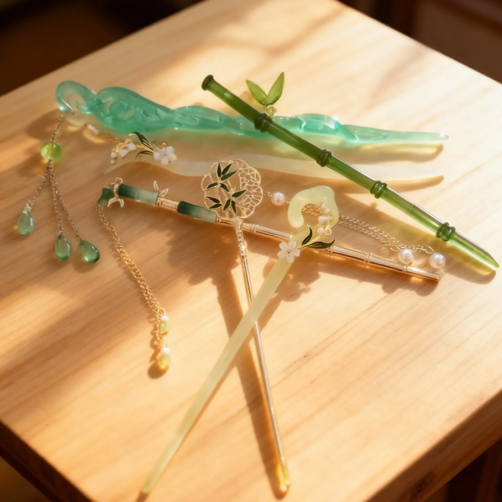 Women's Elegant Chinese Green 6PCS Hairpin Set - 18cm Durable Metal Resin, Tassel Design, Barrette Hair Pins, Clip Hair Pins for Parties, Birthdays, Ideal Gift