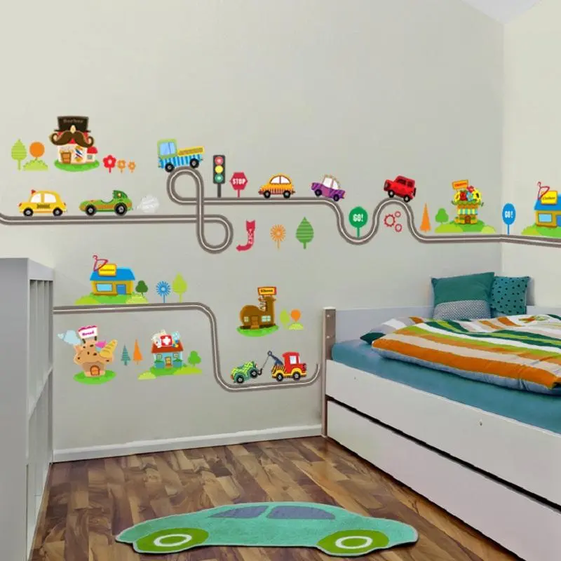 Cartoon Highway Track Cars Wall Stickers For Kids Rooms Sticker Children's Play Room Bedroom Decor Wall Art Decals