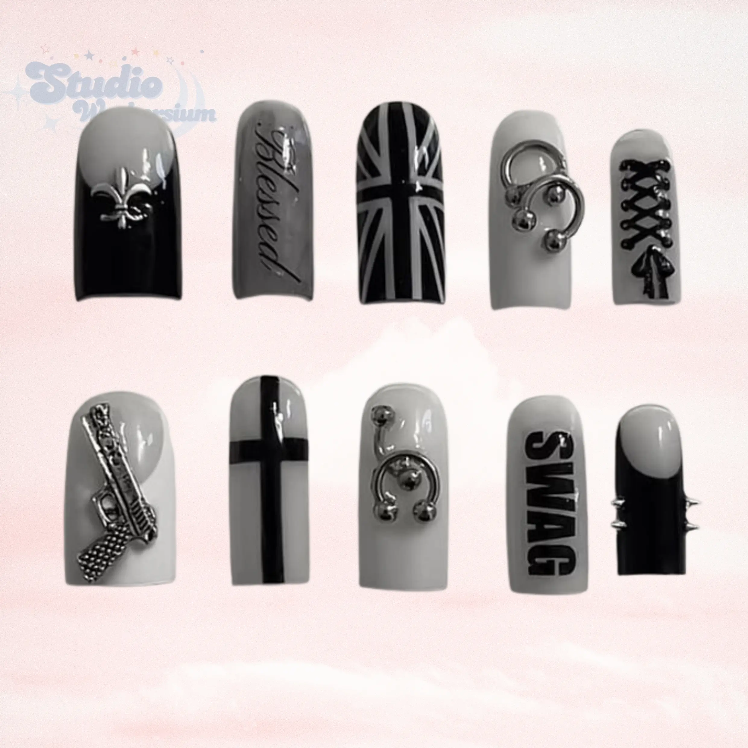 Grunge Gothic Swag Press On Nails, Black Gray Cross & Union Jack Nail Set, Punk Y2K Chrome Piercing Nails, Alternative Streetwear Press On Nails