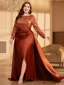Elegant Embellished Long Sleeve Satin Maxi Dress, Round Neck High Slit Formal Evening Gown, Luxurious Ruched Waist Fit Party Dress, Lady Womenswear