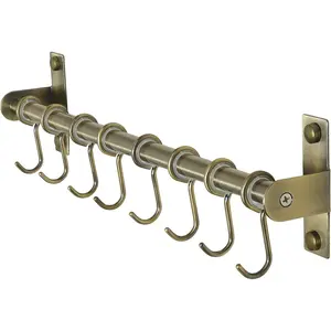 Stainless Steel Bronze Wall Mount Kitchen Utensil Holder Hanger, Pot and Pan Rack with 8 Hooks for Hanging Cooking Utensils, Mugs, Spoons