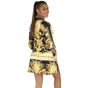 Black, Yellow and White Baroque Women's Short Robe, Kimono Style with Pockets and attached belt- Womens Loungewear