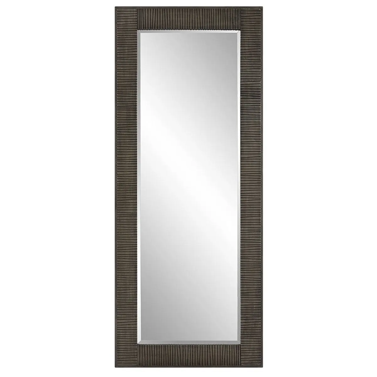 Figaro Oversized Rustic Tone Aged Gray Rectangular Wooden Mirror - 34w x 82h x 2d (in), Beveled Edge, Hand Carved, Horizontal/Vertical Placement, Home Decor Accessory