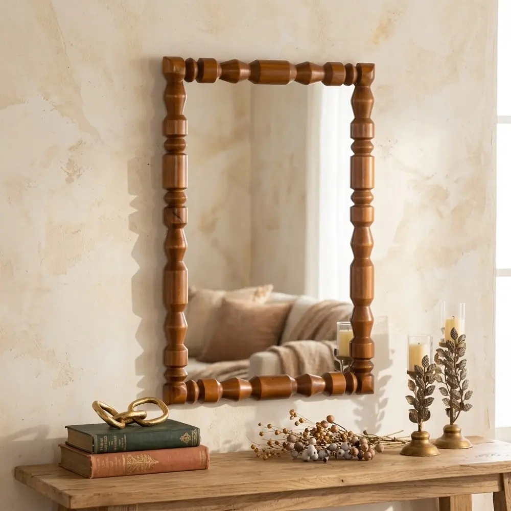 Littleox Vintage Wooden Carved Wall Mirror, Decorative Column Frame for Living Room/Entryway Retro Decor