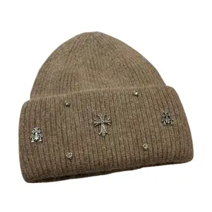 New Luxury Color Rhinestone Plush Knit Hat, Women's Soft Faux Plush Winter Beanie with Earmuffs, Warm Cross Decor Fashion Outdoor Cold Weather Cap
