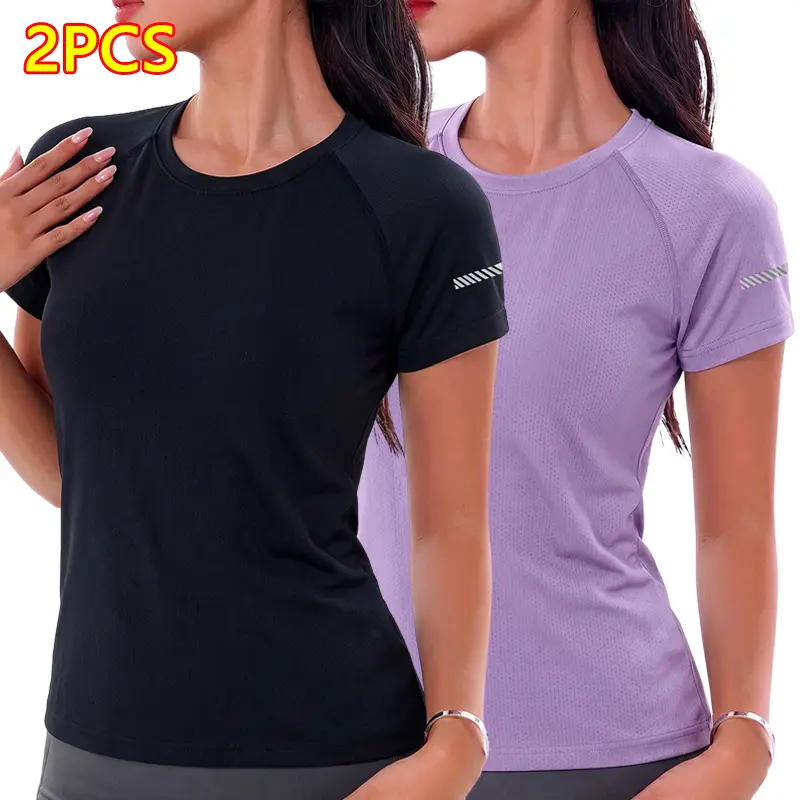 2-piece set women’s black crew-neck short-sleeve T-shirt, moisture-wicking, quick-dry sports casual style, perfect for running, training, fitness, outdoor activities, and everyday wear
