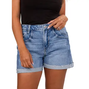 Sidefeel Womens Jean Shorts High Waisted Stretchy Folded Hem Causal Trendy Patchwork Loose Fit Summer Denim Shorts Trouser