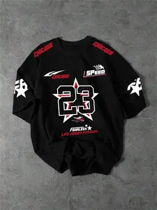 Men's Numeric and Letter Graphic Printed Round Neck Fitted Knit T-Shirt, Summer Casual Short Sleeve Streetwear Top for Stylish Everyday Wear, Tee